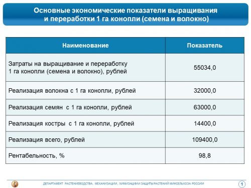 Основные экономические показатели выращивания и переработки 1 Га конопли (семена и волокно)