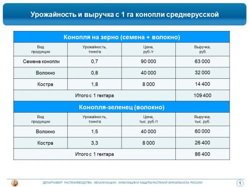 Урожайность и выручка с 1 Га конопли среднерусской